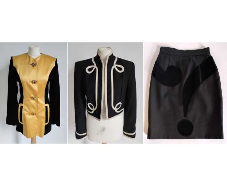 Cheap and Chic Moschino Black Wool Cropped Jacket with cream military style trim, and a Cheap and Chic Black Wool Skirt with 
