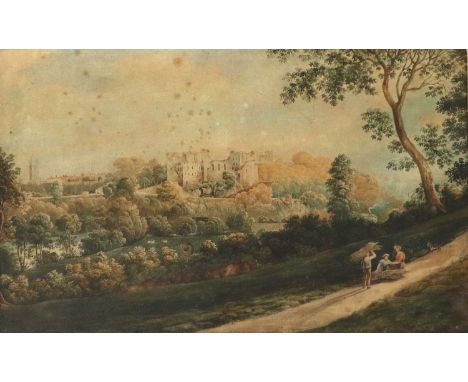 Edmund Marriner Gill (1820-1894)Figures conversing on a country lane, with a view of Ludlow Castle beyondWatercolour, 30.5cm 