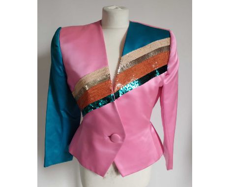 Circa 1980s Saint Laurent Rive Gauche Bright Pink Silk and Sequin Jacket, a formal jacket with contrasting turquoise silk to 