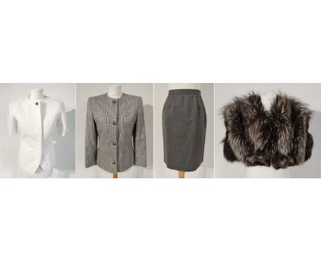 Modern Ladies Costume, comprising a white Gucci short sleeved jacket in textured cotton, button fastening, round neck (size 4