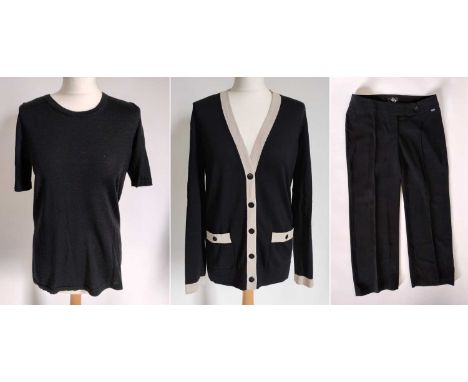 Chanel Uniform, comprising a black wool short sleeve top with round neck, and a black long sleeve wool cardigan with cream tr
