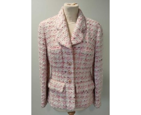 Chanel Boutique Pink and White Boucle Jacket, with pink logo buttons, long sleeves, front pockets, cream silk lining,Sold on 