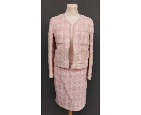 Chanel Boutique Pale Pink and White Boucle Wool Mix Skirt Suit, comprising a straight skirt with three Chanel 'coins' to the 