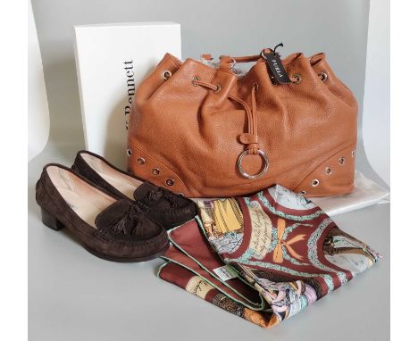 Pair of LK Bennett Suede Loafers with low heel in dark brown, new and boxed (39),Furla Tan Leather Shoulder Bag with chrome h