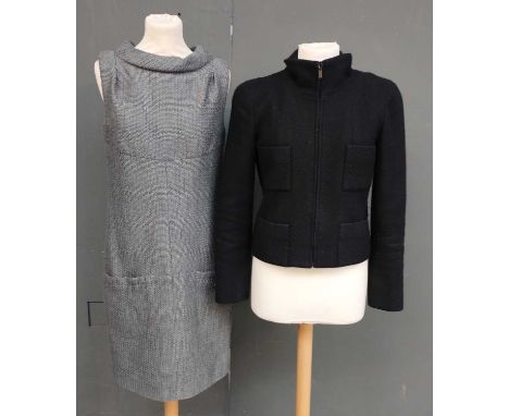 Chanel Navy and Black Woven Cashmere Jacket with funnel neck, zipped fastening, long sleeves, double pockets to the front (si