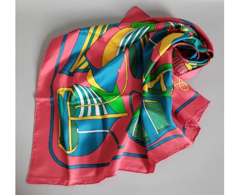 Hermès Silk Scarf Thalassa Designed by Pierre Péron, depicting rowing boats in vivid colours on a bright red ground, 90cm squ