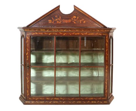 A 19th Century Dutch Mahogany and Marquetry-Inlaid Wall-Mounted Display Cabinet, inlaid with trailing flowers and leaves, wit