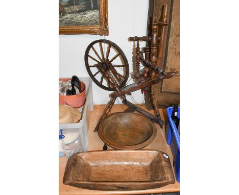 A Carved Treen Dough Trough, together with a similar dug out bowl and a spinning wheel (3)