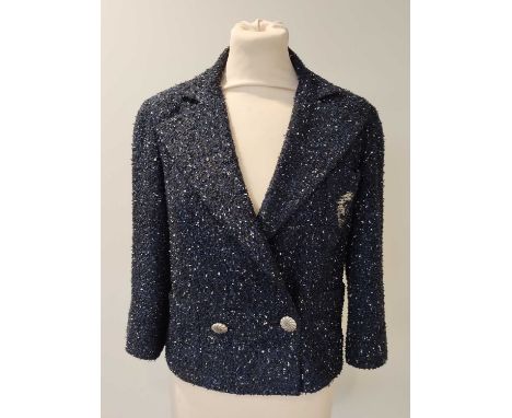 Chanel Blue Wool Boucle Cropped Jacket, with three quarter length sleeves, with collar, two patch pockets, faux double breast