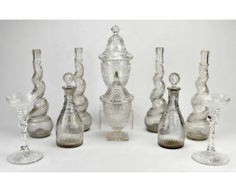 Pair of Georgian glass decanters and stoppers, 25cm high, two glass vases with covers, 19th Century, a pair of Stuart crystal