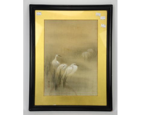 A Japanese painting of a group of Heron, on silk, framed and glazed, 41.5 x 29cm, together with a collection of general works
