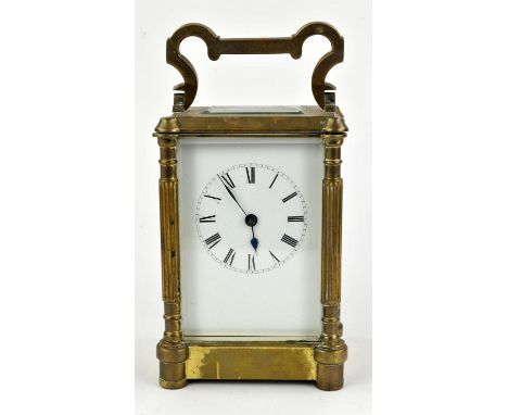 French brass carriage timepiece, white enamel dial with roman numerals, H18cms