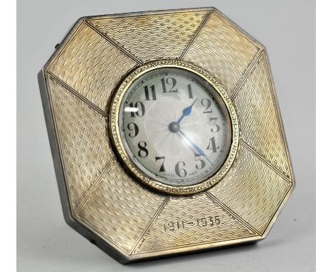 Engine turned finish, silver boudoir clock with cross / X design. Birmingham, 1927.Condition Report:  The mechanism for this 
