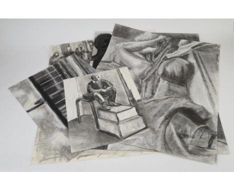 Joy Moore (20th century). A folder of 18 drawing and paintings, mostly figurative with some architectural and still lives.  S