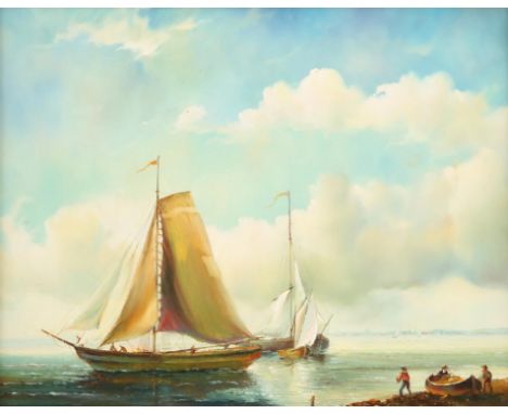 C. Chaplin, maritime scene with battleship to foreground, oil on board, signed lower right, framed, 20 x 40cm, with another o