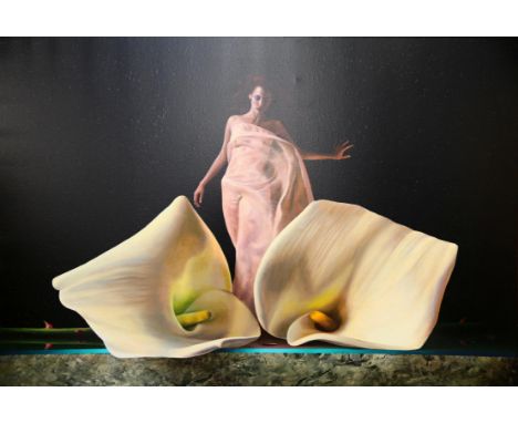 Dario Campanile (contemporary), lady with flowers, limited-edition print on canvas, ed. 16/75, signed lower right, 74 x 100cm