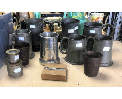 Quantity of pewter mugs and measures, 19th Century and later, two Indian beakers and a tin monocular (10)