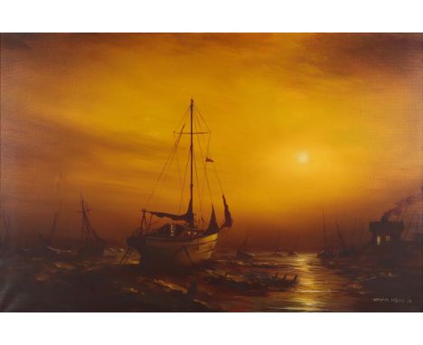 Graham Hedges (b. 1952) oil painting sailing ships in a harbour at sunset signed and dated 1970 lower right oil on canvas. 50