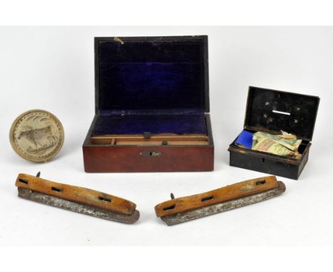 A Victorian walnut lap desk, an oak candle box with no lid, a smaller Water Desk lap desk, a cash box with loose currency, a 