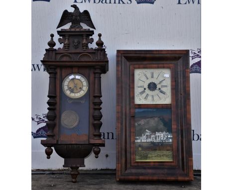 An American walnut rectangular clock, with Roman numeral chapter ring, above printed and painted glazed glass panel, with two
