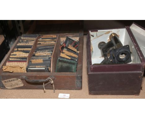 A students microscope by R and J Beck, no. 18775, in case, together with a box of slides and another case of photographic pla