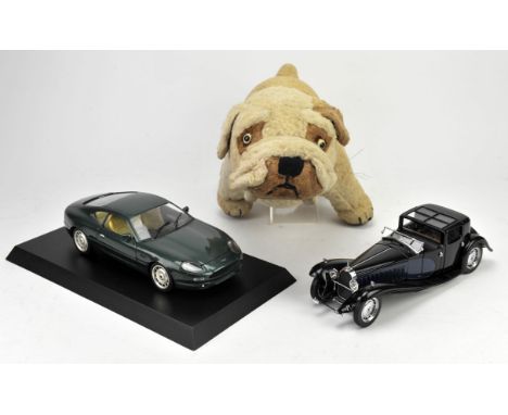 A Tuiloy scale model of an Aston Martin, and a Bugatti Royal Coupe, and a Merry Thought bull dog (3)