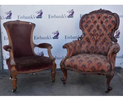 A Victorian walnut armchair, 98cm high, together with an Victorian armchair, 114cm high (2)Condition Report:  Left chair in i