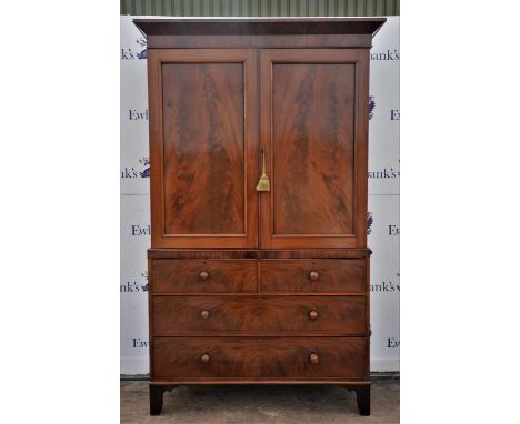 19th century mahogany linen press, upper section enclosing four shelves over two short and two long drawers on bracket feet, 