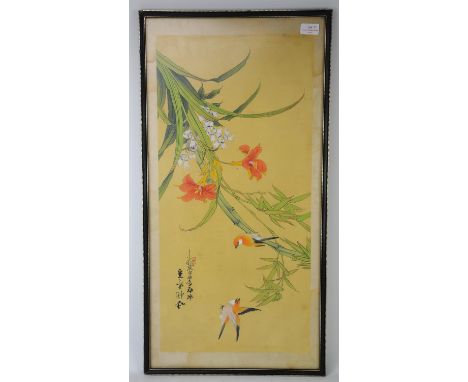 Chinese watercolour on silk, birds on bamboo, signed and with red seal, 68cm x 33cm, two framed prints of flowers, another pr