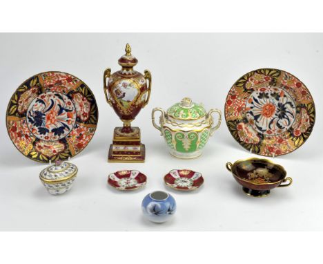 Pair of Imari pattern plates, 19th Century, a Davenport porcelain sugar bowl, a porcelain box and cover, with gilt and floral