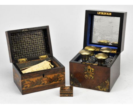 Brass bound walnut box, 19th Century, with four glass bottles, 14cm high, a Tunbridge ware tea caddy, decorated with a scene 