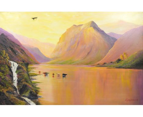 R Goodenough (20th century), Scottish landscape with cows in a loch with mountains to background, oil on canvas, signed and d