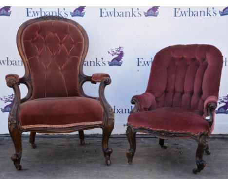 Victorian carved walnut armchair, 102cm high, together with a Victorian button back chair, 79cm high (2)Condition Report:  Le