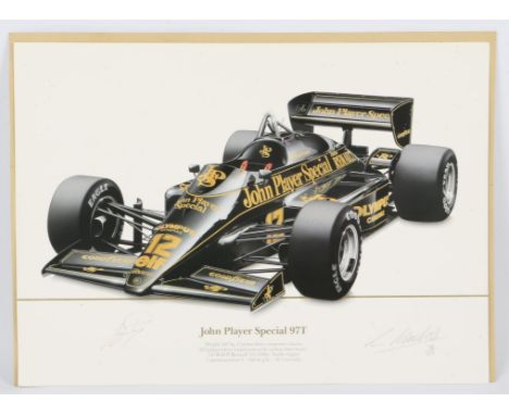Ayrton Senna - signed print of a JPS Lotus 97T, limited edition number 78/500 signed by Senna lower left and the artist Gavin