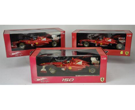 Hot Wheels Racing - Six Boxed Mattel Ferrari 1:18 scale models, F.Alonso F2012, F138, 150 Italia, Kimi Raikkonen F2008, F60 a