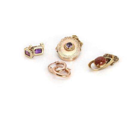 A collection of gold jewellery,comprising a gold amethyst oval locket, with an oval cut amethyst, bezel set to a twisted wire