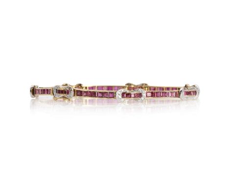 A gold ruby and diamond line bracelet,a series of calibre cut rubies channel set to plain bars, alternating to similarly set 