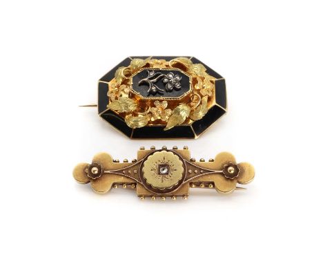 A Victorian gold diamond bar brooch and a gold diamond and enamel mourning brooch,comprising a 15ct gold diamond bar brooch, 