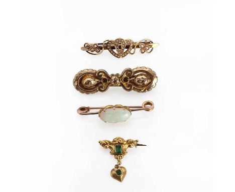 Three gold brooches,comprising a gold opal brooch, with an oval opal cabochon, 9mm x 17mm, claw set to a rounded wire bar, to