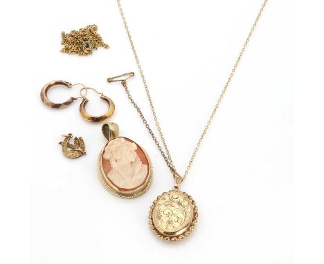 A small collection of 9ct gold jewellery,comprising a 9ct gold oval hand engraved locket, Birmingham 1973, suspended by a gol