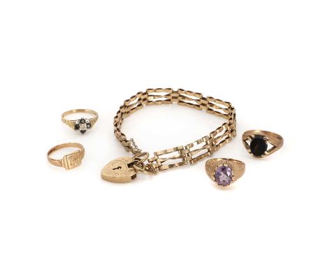 A small collection of gold jewellery,comprising a three row gate bracelet, with heart shaped padlock clasp and cable link saf