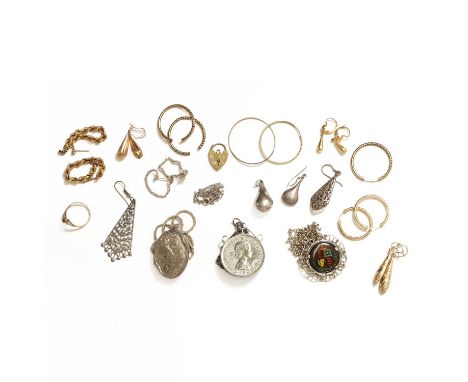 A group of gold and silver jewellery, and broken jewellery, to include five pairs of gold earrings, single pairs of hoop earr