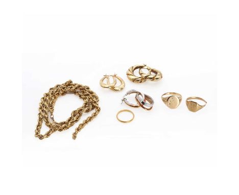 A collection of gold jewellery,to include a 9ct hollow ropetwist necklace, broken, London import hallmark 1989, a 9ct gold si