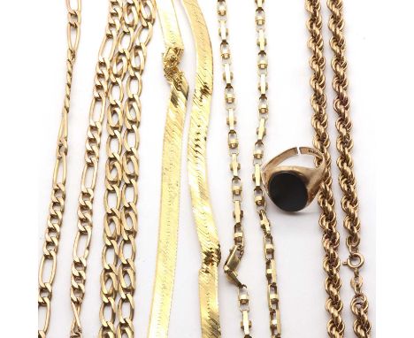 A group of gold jewellery,to include a gold herringbone link chain, multiple twists, 430mm, stamped '14KT', tested as approxi