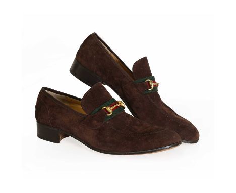 A pair of Gucci men's brown suede loafers,with Gucci iconic green and red stripe techno-coloured canvas strap and gold tone h