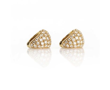 A pair of Italian, gold, diamond set 'huggy' style hinged hoop earrings, of tapered triangular form. Graduated brilliant cut 