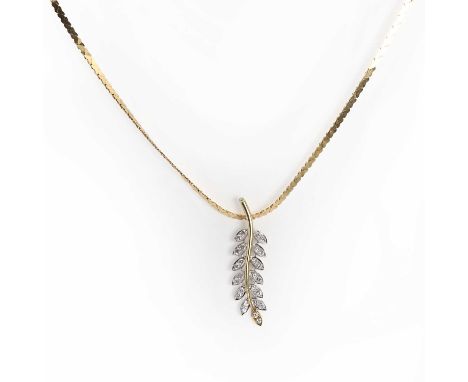 A two colour gold diamond leaf design pendant and chain,the pendant modelled as a fern, with white gold leaflets each grain s