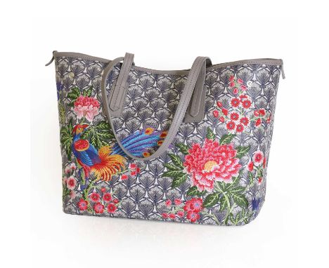 A Liberty Marlborough grey tote,with peacock and flower embroidered decoration, twin flat handles, interior slip pocket, 43cm