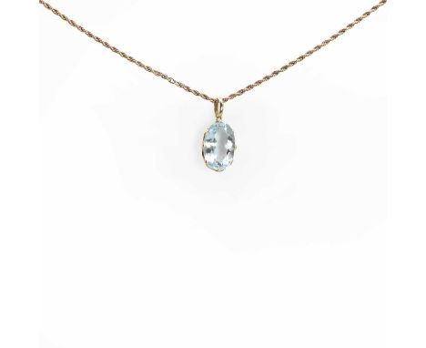 A gold single stone aquamarine pendant,an oval cut aquamarine, 10mm x 16mm, claw set to an oval crown collet, with a plain ar