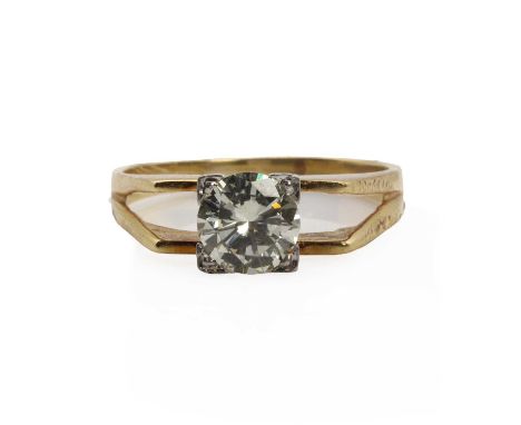 A single stone diamond ring,  a round brilliant cut diamond, estimated as approximately 1.00ct, claw set to a cornered collet